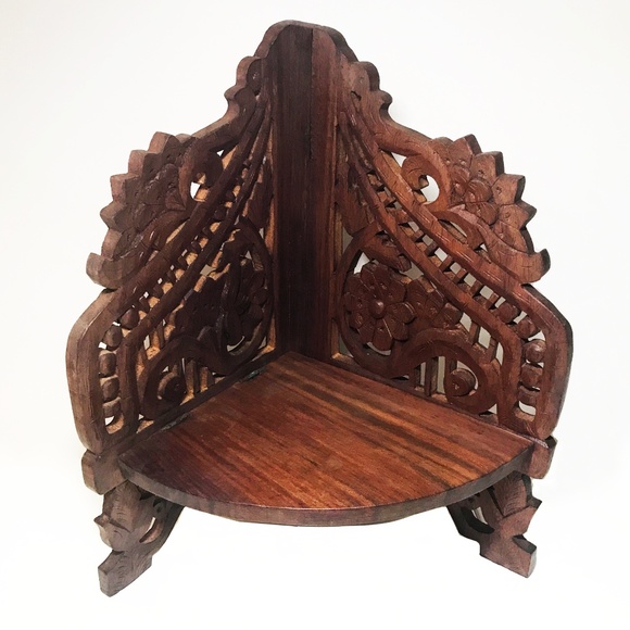Archana Hand Carved Rosewood Corner Display Shelf - Picture 1 of 2